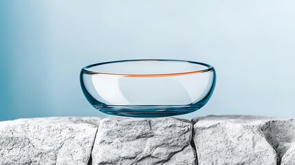Clear glass bowl on textured stone surface against a soft blue background, showcasing simplicity