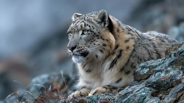 Snow leopard resting majestically on rocky mountain