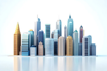 A vibrant city skyline showcasing diverse architectural styles against a bright background