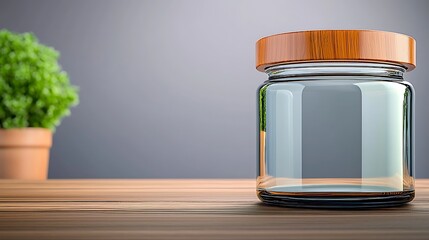 Clear glass jar with a wooden lid on a wooden table beside a potted plant in a minimalistic setting