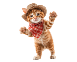Playful orange tabby cat dressed as cowboy, wearing straw hat and red checkered bandana, stands in lively pose. This charming feline exudes fun and adventurous spirit