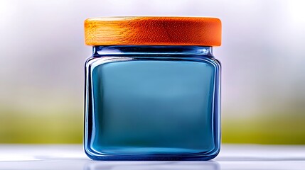 Clear glass jar with an orange wooden lid against a blurred natural background