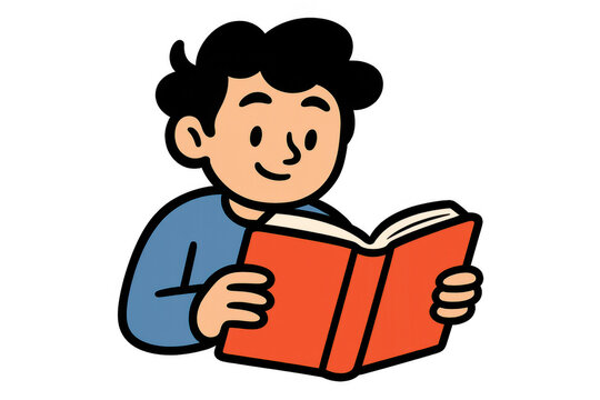 Young student reading book intently, cartoon-style illustration with transparent background, embodying educational enthusiasm
