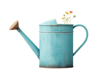 Rustic blue watering can with blooming wildflowers, cut out