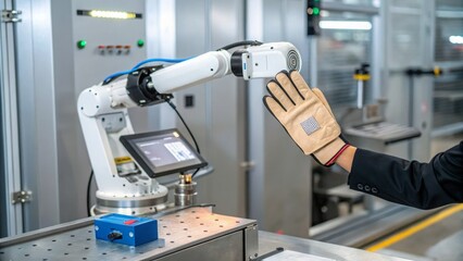 A robotic arm interacts with a gloved human hand in a modern industrial setting, showcasing human-robot collaboration.