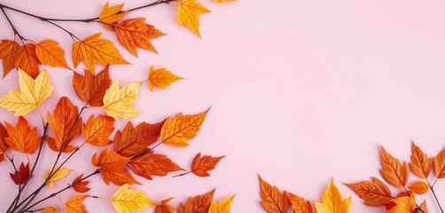 Pastel pink backdrop adorned with artfully arranged dried autumn leaves , pink, red leaf