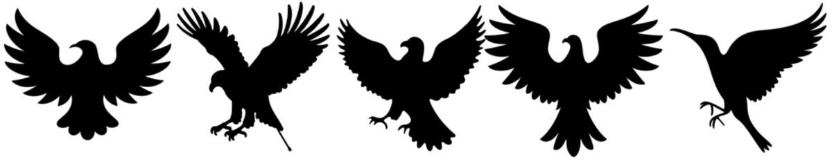 Obraz premium Dynamic Flying Bird Silhouette Vector Collection – Black Bird Shapes in Motion for Logos, Wildlife Art, Nature Graphics, Printables, and Ornithology or Environmental Design Projects