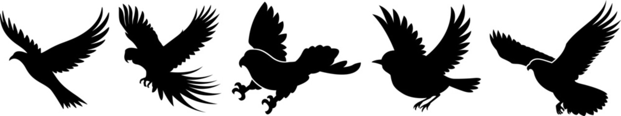 Obraz premium Dynamic Flying Bird Silhouette Vector Collection – Black Bird Shapes in Motion for Logos, Wildlife Art, Nature Graphics, Printables, and Ornithology or Environmental Design Projects