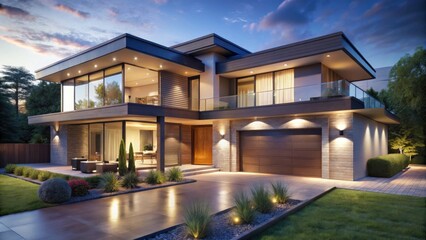 Fototapeta premium Modern Luxurious House Exterior at Night, nighttime scene