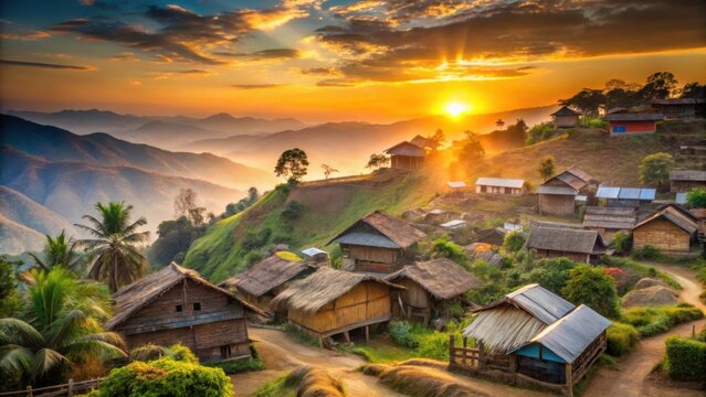 Traditional Nagaland village scene at sunset , rural life, kohima,  rural life