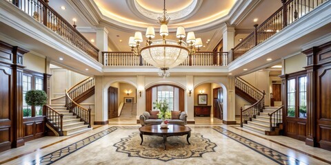 Grand entrance with high ceiling and large chandelier, luxurious carpeting and sleek wooden furniture , interior, modern