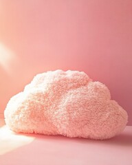 Scandinavian style minimalist home decor, soft pink background with fluffy cloud-shaped pillows, bright natural light creates a cozy aesthetic interior design.