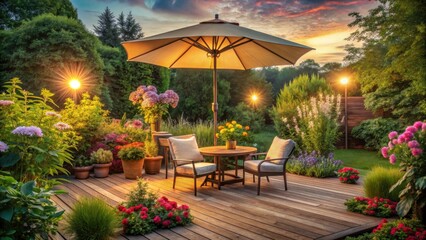 Obraz premium Cozy summer evening with sun umbrella on wooden patio furniture surrounded by lush greenery and vibrant flowers , greenery, warm lighting