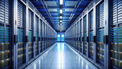 long corridor of server racks, network cabling