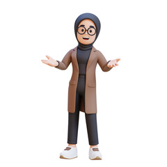 3D muslim girl character is standing with giving a presentation gesture