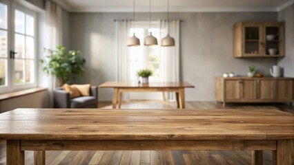 A wooden table sits on a plain surface in the center of a room with blurred walls in the background, neutral color palette, rustic furniture
