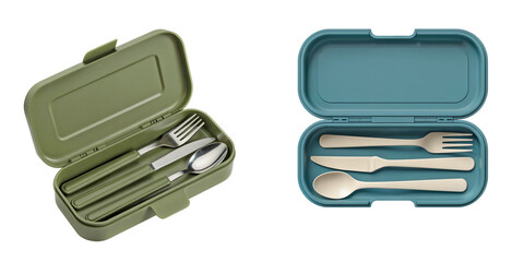 two portable utensil sets in compact travel cases, one stainless steel with green handle and one wheat straw fiber cutlery in blue case, includes spoon fork knife, isolated on transparent background