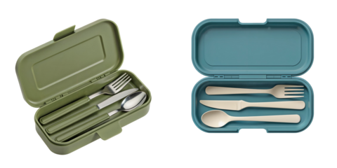 two portable utensil sets in compact travel cases, one stainless steel with green handle and one wheat straw fiber cutlery in blue case, includes spoon fork knife, isolated on transparent background