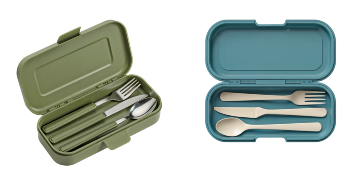 two portable utensil sets in compact travel cases, one stainless steel with green handle and one wheat straw fiber cutlery in blue case, includes spoon fork knife, isolated on transparent background