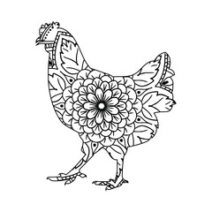 Intricate Mandala Hen Adult Coloring Page, Hen Illustration, Floral Chicken Design