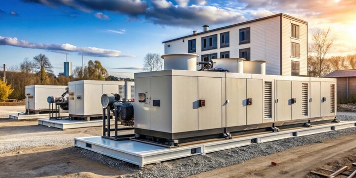Outdoor natural gas generator unit installed at a house building site with multiple large backup generators in the background, backup, industrial