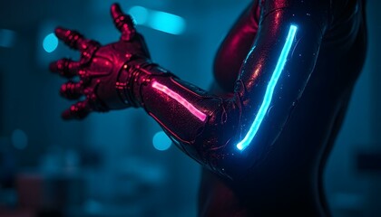 Neon cybernetic veins glowing through dark digital skin, futuristic biotech texture with electric blue and magenta highlights .