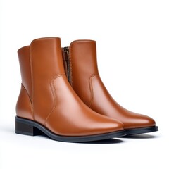 A pair of brown leather ankle boots with zippers isolated on white background