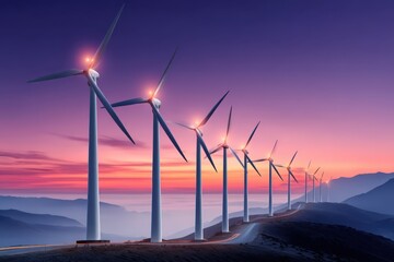 Fototapeta premium Wind turbines line mountain ridge under colorful sky at dusk generating power source