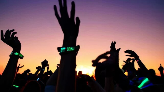 Vibrant sunset festival with dancing crowd and colorful wristbands