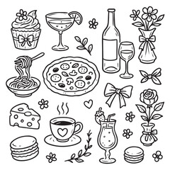 Set of hand drawn whimsical illustrations of food and drinks. Doodle drawings of italian and french 
food, cocktails, flowers