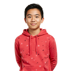 Asian American Teen Boy in Red Hoodie with White Star Pattern, Arms Behind Back, Isolated on White