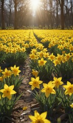 Obraz premium Sunlit field of vibrant yellow daffodils, petals gleaming , nature, field of flowers