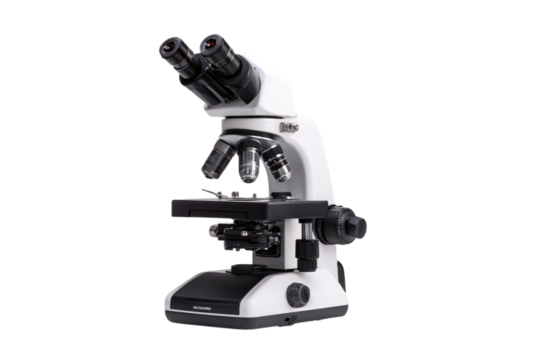 Modern binocular compound microscope isolated on transparent background