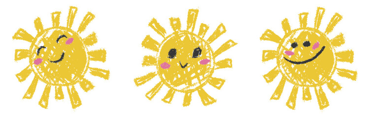 Kids chalk hand drawing smiley sun set. Crayon grunge doodle yellow happy smile sunbeam. Collection freehand child pencil texture scribble cute kawaii sunlight. Childish vector illustration isolated