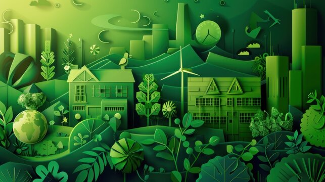 Sustainable Cityscape with Wind Turbines and Greenery - Powered by Adobe
