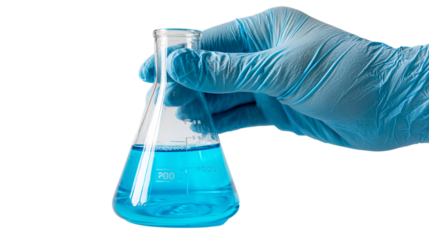 Gloved hand holding Erlenmeyer flask with blue liquid isolated on transparent background