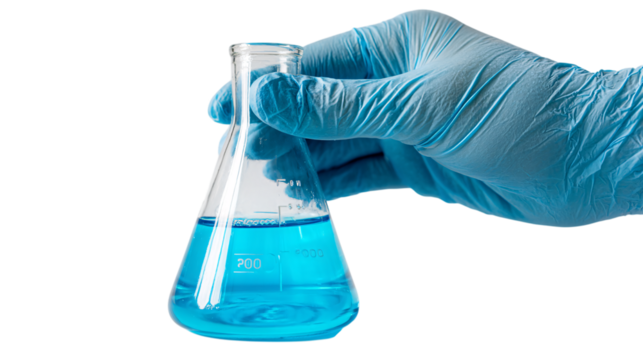 Gloved hand holding Erlenmeyer flask with blue liquid isolated on transparent background