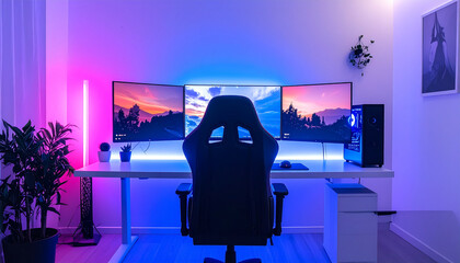 Ultimate RGB Gaming Setup Triple Monitor Workstation with Ergonomic Chair