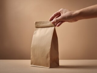 Hand on paper bag neutral background