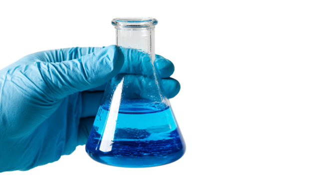 Gloved hand holding Erlenmeyer flask with blue liquid isolated on transparent background