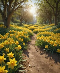 A carpet of cheerful yellow daffodils blankets the verdant landscape, bathed in sunlight , spring scene, landscape, carpet