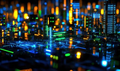 Obraz premium Futuristic city lightscape, digital network, glowing technology, night scene, background for tech