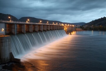 Obraz premium Dam releasing water at dusk landscape