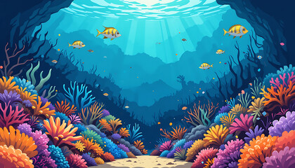 "A vector illustration of an underwater coral reef scene with colorful corals, tropical fish, and seaweed. Flat design style with vibrant underwater hues (blues, greens, corals). 