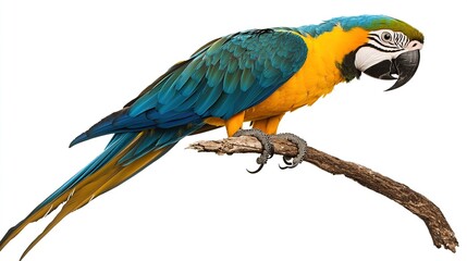 Fototapeta premium Bright tropical macaw parrot perched on emerald green branch with colorful feathers isolated on white background. Exotic wildlife concept with fine feather details and blank space for text or design