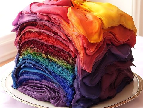 Vibrant Colors on a Rainbow Cake Slice on an Elegant Plate with a White Background