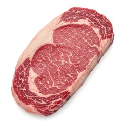 Fototapeta premium Close up view of a raw ribeye steak with visible marbling on a white background