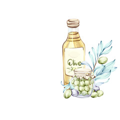 Olives and olive oil illustrated in watercolor reflecting Italian cuisine and natures beauty frame, border, arrangement