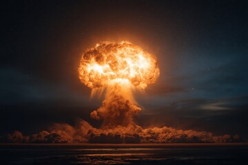 Nuclear explosion mushroom cloud at night