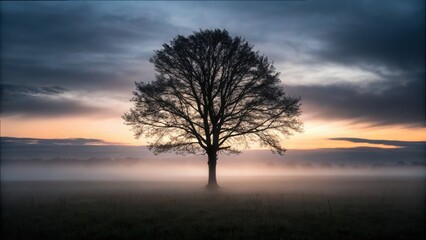 Fototapeta premium Lone Tree in Foggy Field at Dawn Surrounded by Mystical Atmosphere